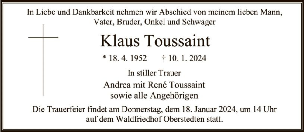 Traueranzeigen Von Klaus Toussaint Trauer Rheinmain De