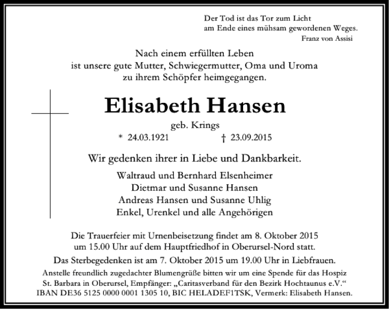 Traueranzeigen von Elisabeth Hansen | trauer-rheinmain.de