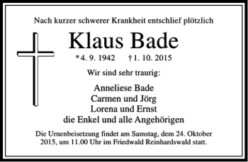 Traueranzeige von Klaus Bade von Rhein Main Media