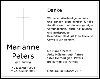 Traueranzeige von Marianne Peters von Rhein Main Media