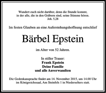 Traueranzeige von Bärbel Epstein von Rhein Main Media