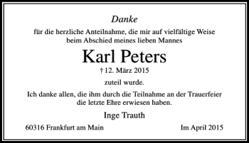 Traueranzeige von Karl Peters von Rhein Main Media