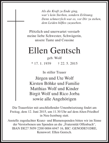 Traueranzeige von Ellen Gentsch von Rhein Main Media