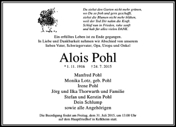 Traueranzeige von Alois Pohl von Rhein Main Media