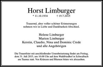 Traueranzeige von Horst Limburger von Rhein Main Media