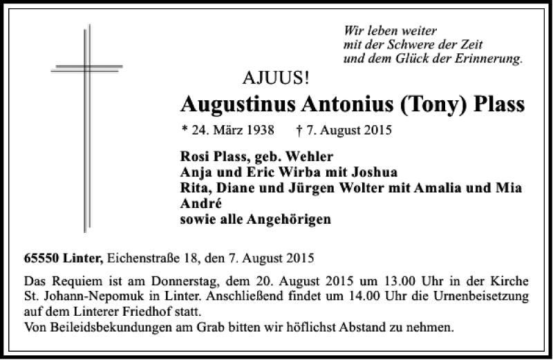  Traueranzeige für Augustinus Antonius (Tony) Plass vom 15.08.2015 aus Rhein Main Media