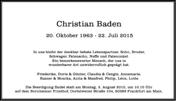 Traueranzeige von Christian Baden von Rhein Main Media