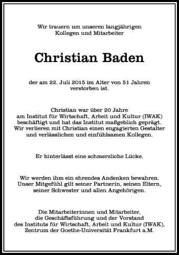 Traueranzeige von Christian Baden von Rhein Main Media
