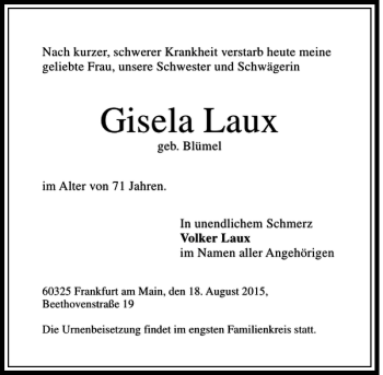 Traueranzeige von Gisela Laux von Rhein Main Media