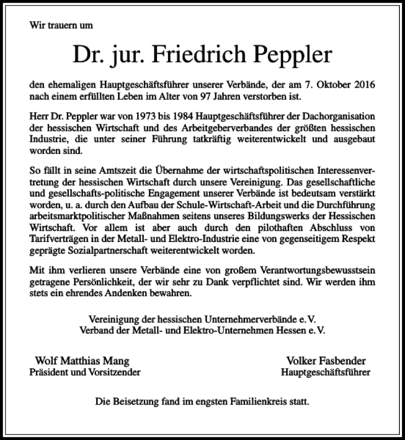 Traueranzeigen von Dr. jur. Friedrich Peppler trauerrheinmain.de