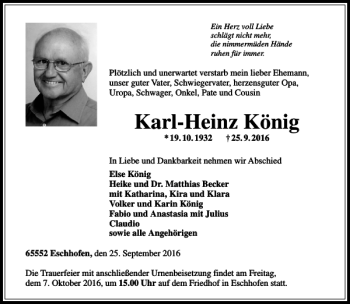 Traueranzeigen von Karl-Heinz König | trauer-rheinmain.de