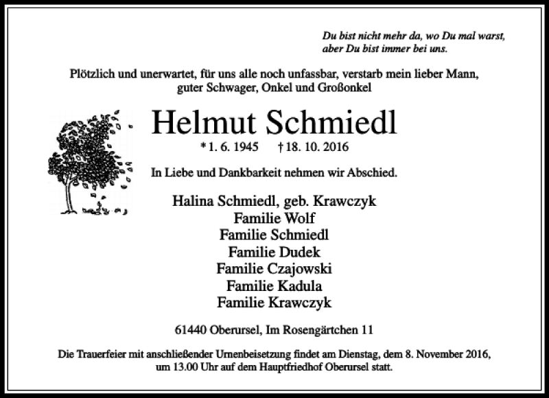  Traueranzeige für Helmut Schmiedl vom 05.11.2016 aus Rhein Main Media