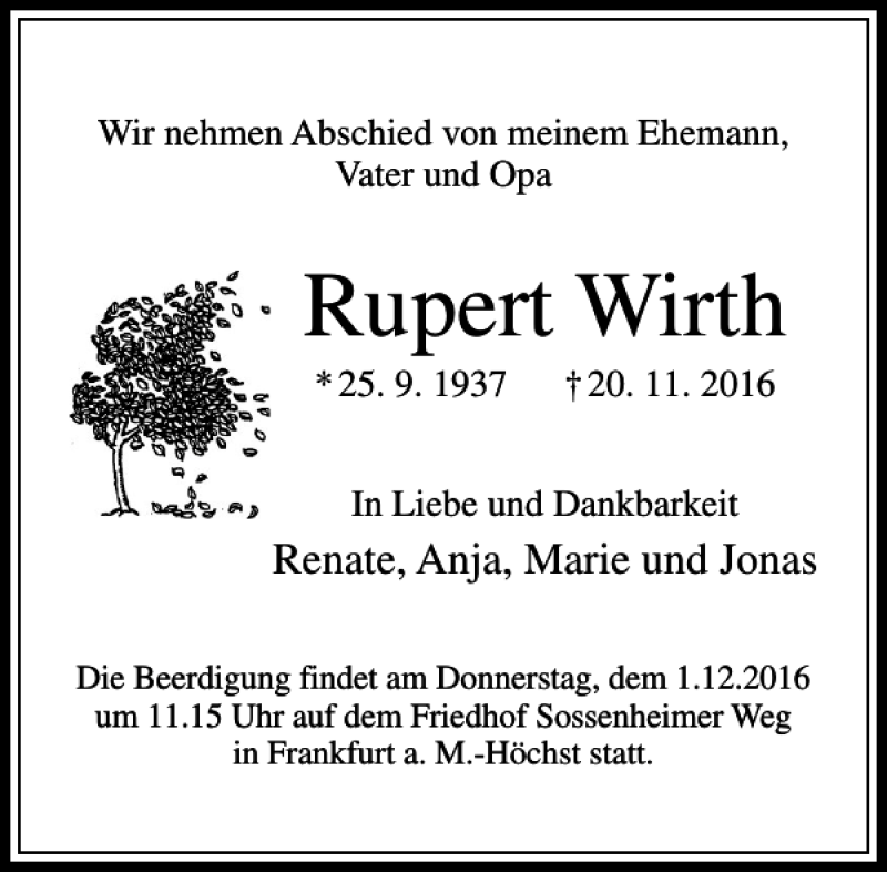  Traueranzeige für Rupert Wirth vom 26.11.2016 aus Rhein Main Media