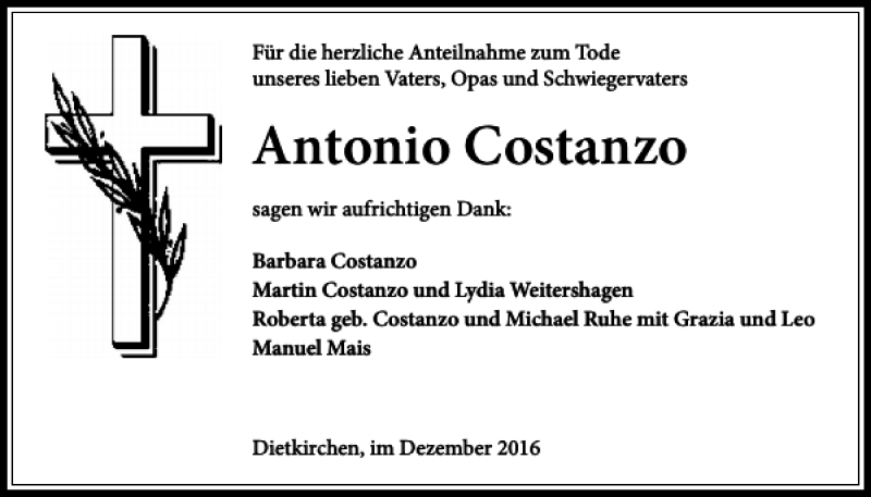 Traueranzeigen von Antonio Costanzo | trauer-rheinmain.de