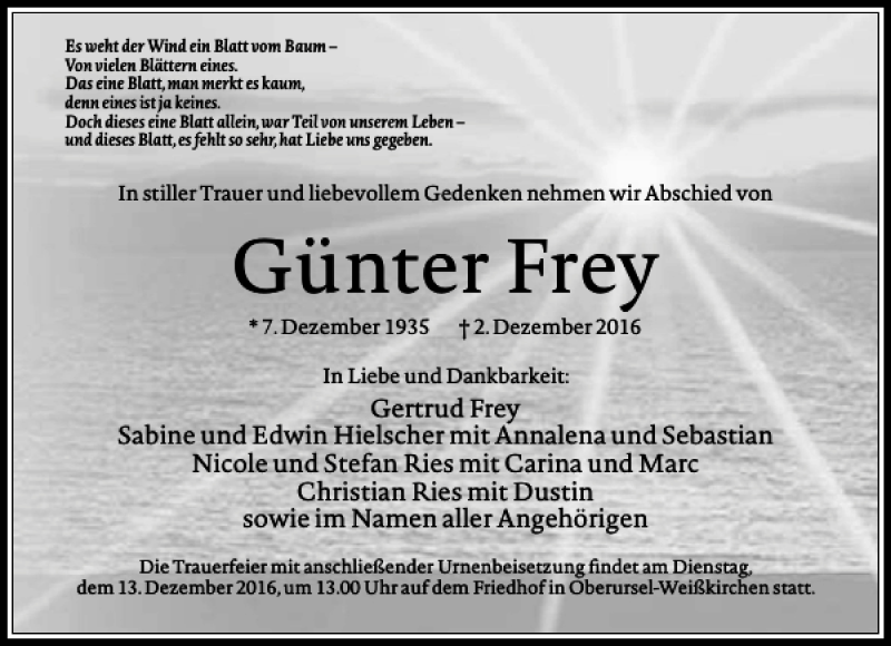  Traueranzeige für Günter Frey vom 10.12.2016 aus Rhein Main Media