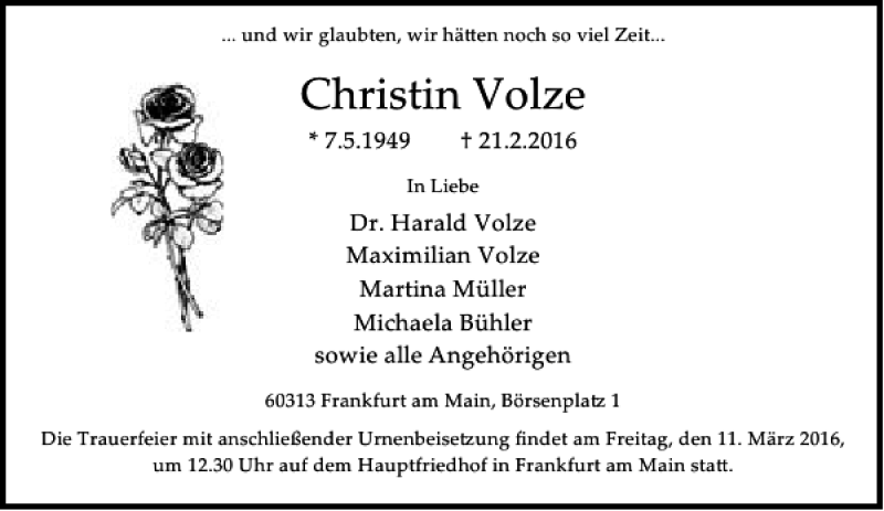  Traueranzeige für Christin Volze vom 27.02.2016 aus Rhein Main Media