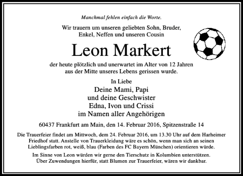 Traueranzeige für Leon Markert vom 20.02.2016 aus Rhein Main Media