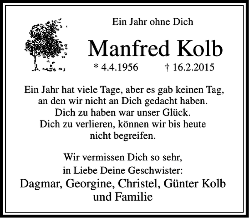  Traueranzeige für Manfred Kolb vom 16.02.2016 aus Rhein Main Media