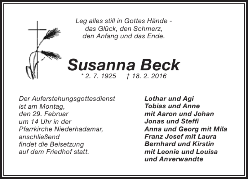 Traueranzeigen von Susanna Beck | trauer-rheinmain.de