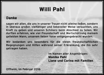 Traueranzeige von Willi Pahl von Rhein Main Media