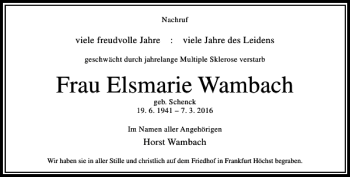 Traueranzeige von Elsmarie Wambach von Rhein Main Media