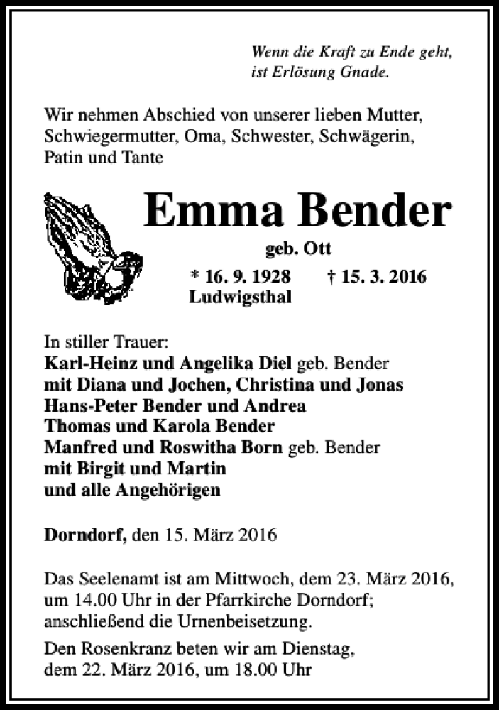 Traueranzeigen Von Emma Bender Trauer Rheinmainde