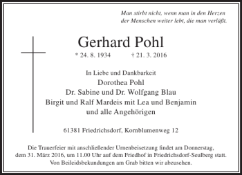 Traueranzeige von Gerhard Pohl von Rhein Main Media