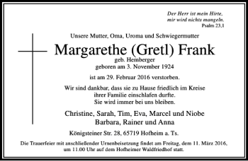 Traueranzeige von Margarethe (Gretl) Frank von Rhein Main Media