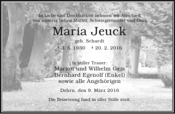 Traueranzeige von Maria Jeuck von Rhein Main Media