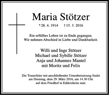 Traueranzeige von Maria Stötzer von Rhein Main Media