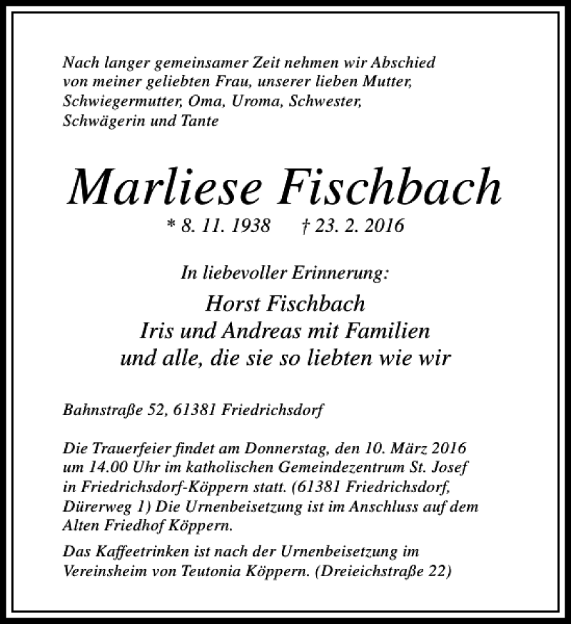 Traueranzeigen von Marliese Fischbach | trauer-rheinmain.de