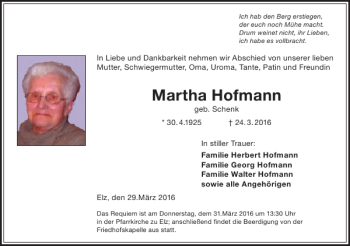 Traueranzeige von Martha Hofmann von Rhein Main Media