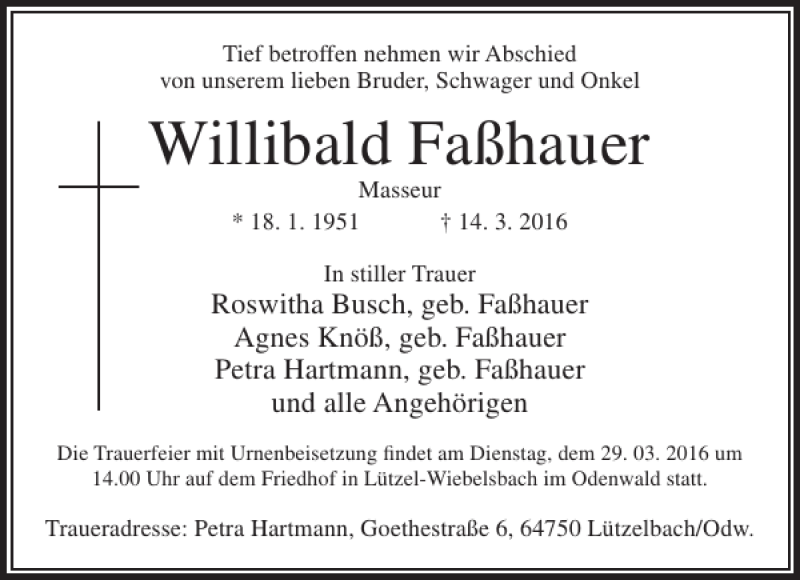 Traueranzeige für Willibald Faßhauer vom 23.03.2016 aus Rhein Main Media