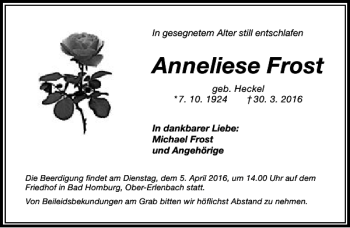 Traueranzeige von Anneliese Frost von Rhein Main Media