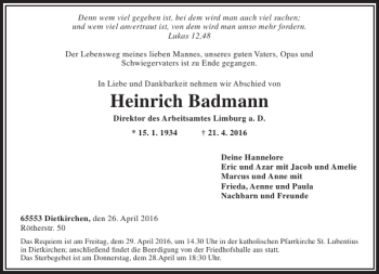 Traueranzeige von Heinrich Badmann von Rhein Main Media
