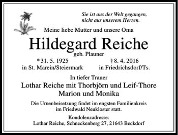 Traueranzeige von Hildegard Reiche von Rhein Main Media