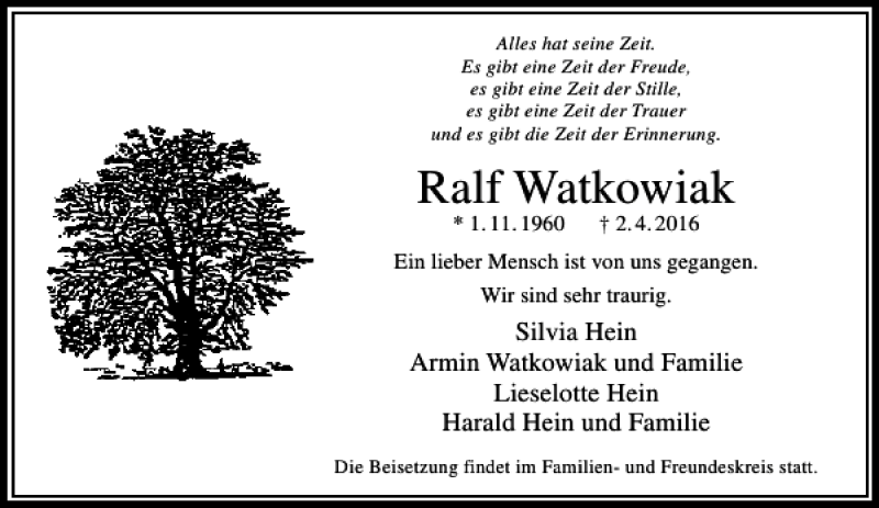 Traueranzeige für Ralf Watkowiak vom 06.04.2016 aus Rhein Main Media