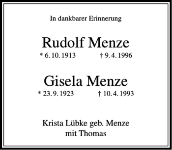 Traueranzeige von Rudolf u. Gisela Menze von Rhein Main Media
