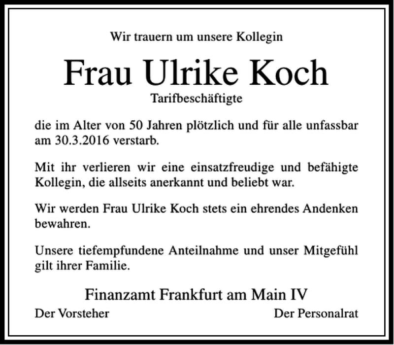  Traueranzeige für Ulrike Koch vom 05.04.2016 aus Rhein Main Media
