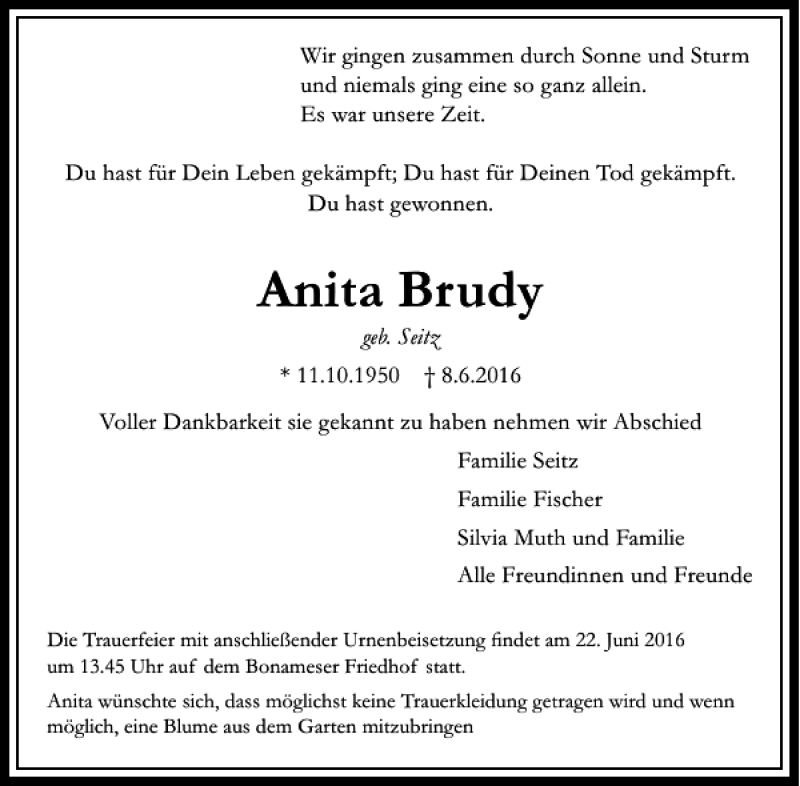  Traueranzeige für Anita Brudy vom 11.06.2016 aus Rhein Main Media
