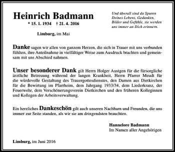 Traueranzeige von Heinrich Badmann von Rhein Main Media