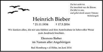 Traueranzeige von Heinrich Bieber von Rhein Main Media
