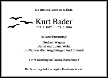 Traueranzeige von Kurt Bader von Rhein Main Media