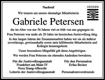 Traueranzeige von Gabriele Petersen von Rhein Main Media