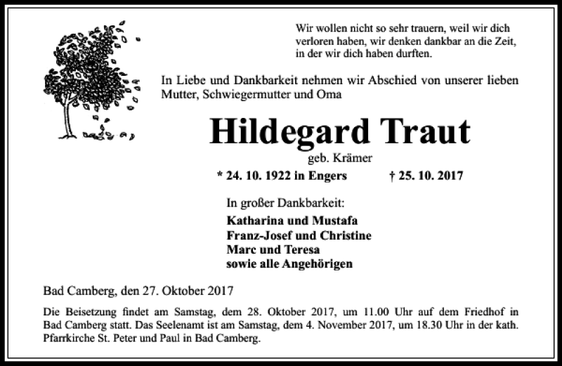  Traueranzeige für Hildegard Traut vom 27.10.2017 aus Rhein Main Media