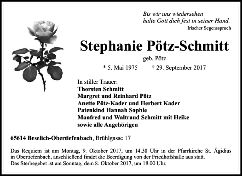  Traueranzeige für Stephanie Pötz-Schmitt vom 05.10.2017 aus Rhein Main Media