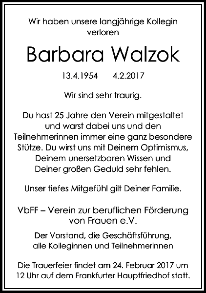  Traueranzeige für Barbara Walzok vom 18.02.2017 aus Rhein Main Media