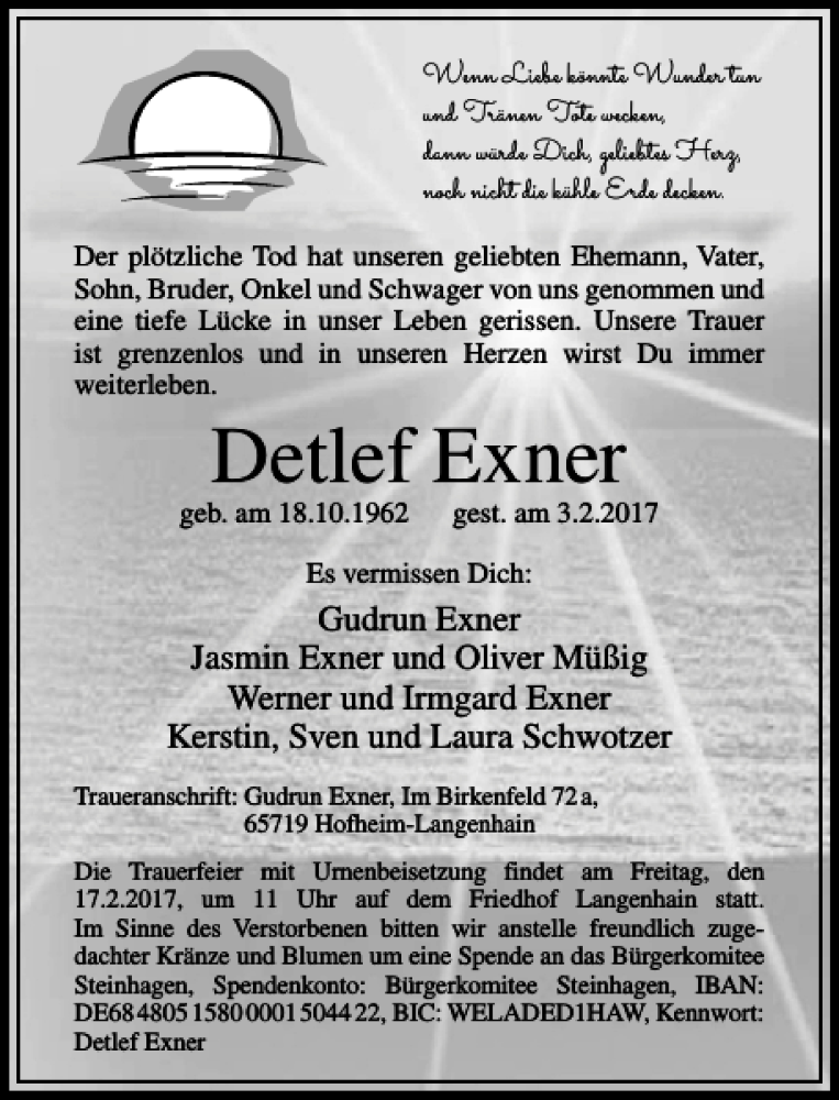  Traueranzeige für Detlef Exner vom 13.02.2017 aus Rhein Main Media