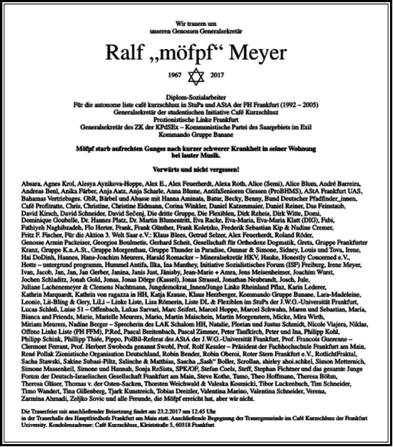  Traueranzeige für Ralf möfpf Meyer vom 22.02.2017 aus Rhein Main Media