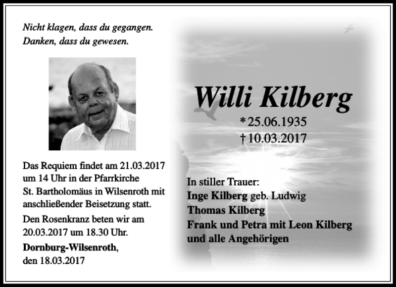 Traueranzeigen von Willi Kilberg | trauer-rheinmain.de